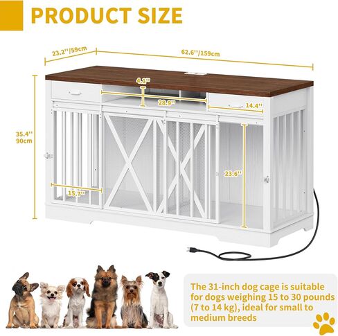 DWVO 63 Inch Double Dog Crate Furniture for 2 Dogs, Heavy Duty Wooden Dog Crate TV Stand with Charging Station, Dog Kennel Indoor Furniture Double Sliding Barn Door Design Ideal for 2 Dogs, White in Saudi Arabia