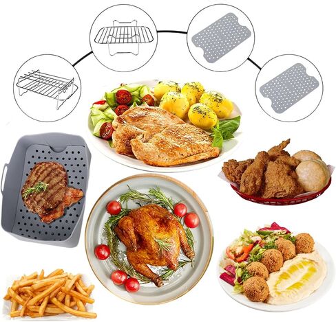 Dual Zone Air Fryer Accessories, 2pcs Air Fryer Rack with 2pcs Reusable Silicone Air Fryer Liners Compatible with Ninja Foodi Air Fryer DZ201, DZ401,4pcs Double Basket Air Fryer Accessories in Saudi Arabia