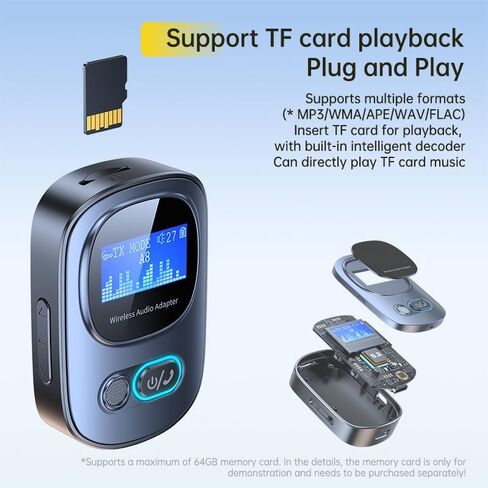 Bluetooth Transmitter Receiver, Bluetooth 5.3 Wireless Audio Adapter, TF Card Playing, Low delay, high fifidelity, Supporting Two Modes of Wireless Receiver and Transmitter in Saudi Arabia