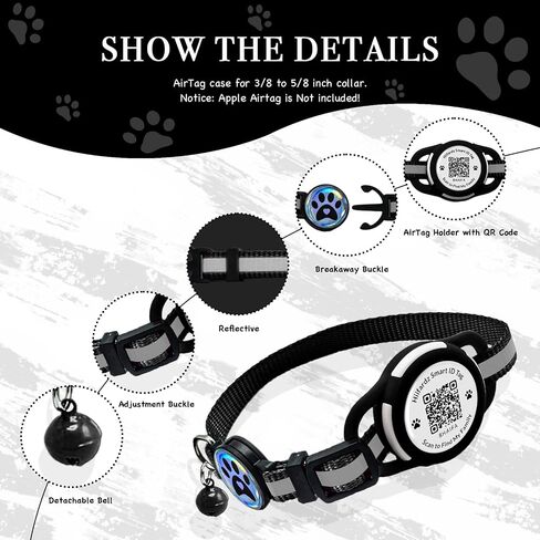 Airtag Cat Collar Breakaway,Reflective Kitten Collar with Waterproof Apple Air Tag Holder and Bell,Silicone Pet ID Tag with QR Code,Modifiable Pet Online Profile,No Subscription or Fees (Black) in Saudi Arabia