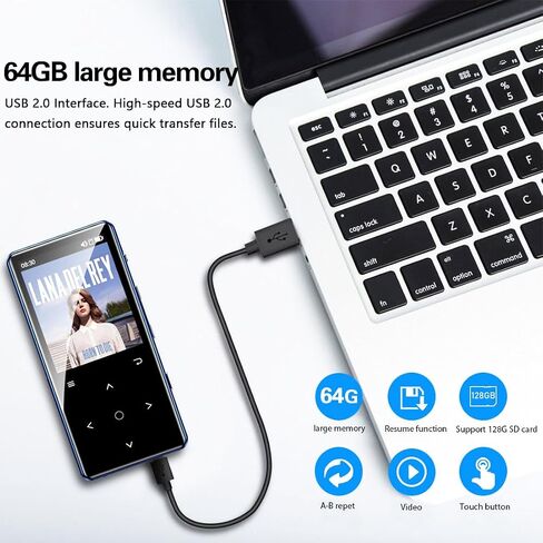 مشغل MP3 64 جيجابايت مع بلوتوث 5.2، زر لمس حساس للشاشة الملونة 2.4 بوصة، مشغل MP3 للموسيقى هاي فاي مع قارئ بطاقة تسجيل الصوت بعداد الخطى، وظيفة للجري الرياضي in Saudi Arabia