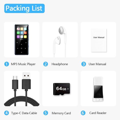مشغل MP3 64 جيجابايت مع بلوتوث 5.2، زر لمس حساس للشاشة الملونة 2.4 بوصة، مشغل MP3 للموسيقى هاي فاي مع قارئ بطاقة تسجيل الصوت بعداد الخطى، وظيفة للجري الرياضي in Saudi Arabia