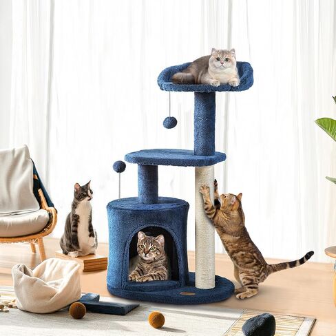 ClevaHome Small Deep Denim Blue Cat Tree, 33.5" Multi-Level Condo with Sisal Scratching Post, Plush Perches & Interactive Pompom Toy for Indoor Cats in Saudi Arabia