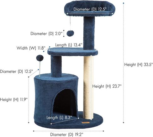 ClevaHome Small Deep Denim Blue Cat Tree, 33.5" Multi-Level Condo with Sisal Scratching Post, Plush Perches & Interactive Pompom Toy for Indoor Cats in Saudi Arabia