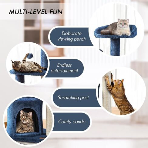 ClevaHome Small Deep Denim Blue Cat Tree, 33.5" Multi-Level Condo with Sisal Scratching Post, Plush Perches & Interactive Pompom Toy for Indoor Cats in Saudi Arabia