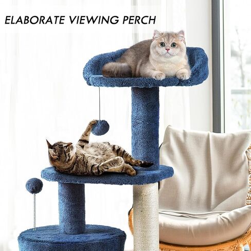 ClevaHome Small Deep Denim Blue Cat Tree, 33.5" Multi-Level Condo with Sisal Scratching Post, Plush Perches & Interactive Pompom Toy for Indoor Cats in Saudi Arabia