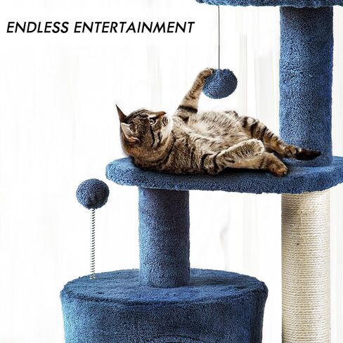 ClevaHome Small Deep Denim Blue Cat Tree, 33.5" Multi-Level Condo with Sisal Scratching Post, Plush Perches & Interactive Pompom Toy for Indoor Cats in Saudi Arabia