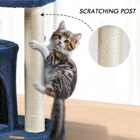 ClevaHome Small Deep Denim Blue Cat Tree, 33.5" Multi-Level Condo with Sisal Scratching Post, Plush Perches & Interactive Pompom Toy for Indoor Cats in Saudi Arabia