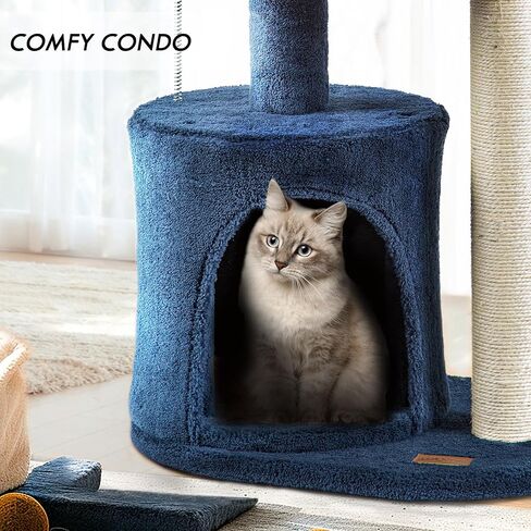 ClevaHome Small Deep Denim Blue Cat Tree, 33.5" Multi-Level Condo with Sisal Scratching Post, Plush Perches & Interactive Pompom Toy for Indoor Cats in Saudi Arabia