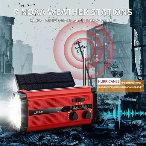 راديو FM/AM/NOAA للطقس، راديو طوارئ يعمل بالطاقة الشمسية يعمل بالطاقة الشمسية مع 3 مصابيح LED وبنك طاقة 2000 مللي أمبير في الساعة وشاحن للهواتف الذكية (أحمر) in Saudi Arabia
