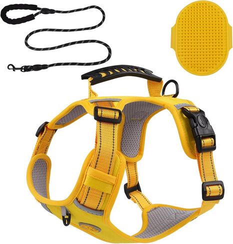 [3 in 1] Heavy Duty Dog Harness, No-Pull Reflective Tough Trim Harness for Small, Medium & Large Dogs - Military Grade Nylon, 2 Leash Clips & Handle with Padded Leash and Brush (Yellow, Medium) in Saudi Arabia