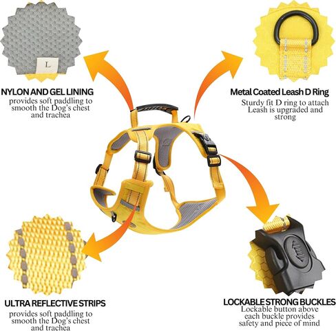 [3 in 1] Heavy Duty Dog Harness, No-Pull Reflective Tough Trim Harness for Small, Medium & Large Dogs - Military Grade Nylon, 2 Leash Clips & Handle with Padded Leash and Brush (Yellow, Medium) in Saudi Arabia