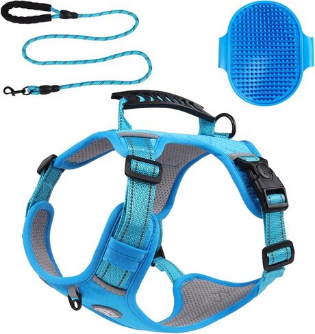 [3 in 1] Heavy Duty Dog Harness, No-Pull Reflective Tough Trim Harness for Small, Medium & Large Dogs - Military Grade Nylon, 2 Leash Clips & Handle with Padded Leash and Brush (Yellow, Medium) in Saudi Arabia