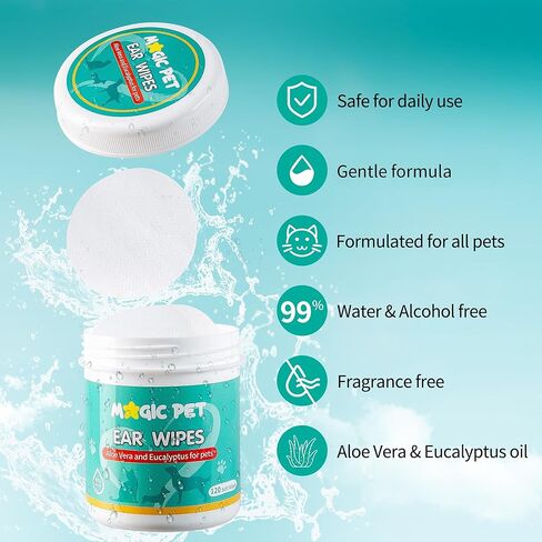Dog Ear Cleaner Wipes — 120 Grooming Wipes W/Aloe Vera & Eucalyptus — Gentle 99% Water Pet Ear Wipes for Odor & Wax Removal — Otic Dogs & Cats Ears Cleanser Itch-Free Pet Grooming Supplies in Saudi Arabia
