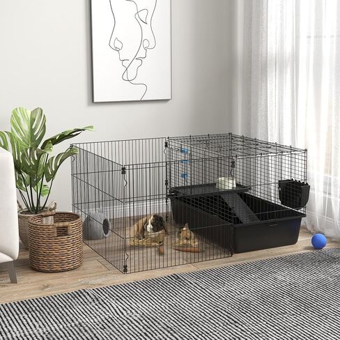 قفص حيوانات صغير من PawHut مقاس 33 بوصة مع روضة للأطفال، وقفص أرنب داخلي لقنافذ خنازير غينيا مع ملحقات، وزجاجة مياه، وطبق طعام، وحوض تغذية in Kuwait