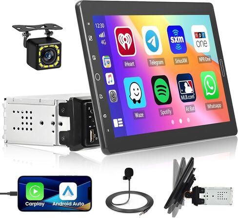 10.1 Inch Carplay Radio Adjustable Single Din Car Stereo with Carplay Android Auto, Detachable 1080P Touch Screen 1 Din Radio Bluetooth/FM/SWC/Mirror Link/Backup Camera/MIC/Support TF Card in Kuwait