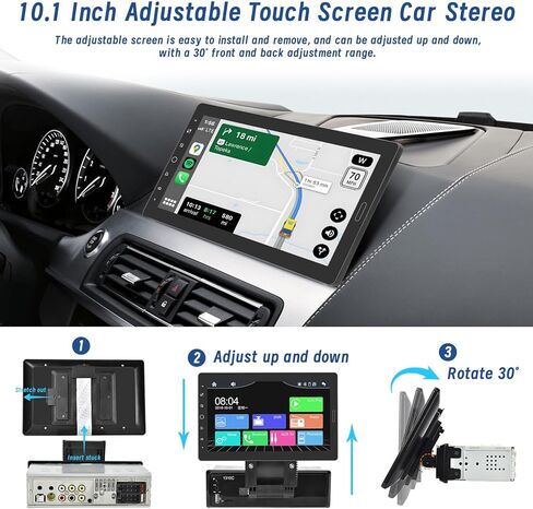 10.1 Inch Carplay Radio Adjustable Single Din Car Stereo with Carplay Android Auto, Detachable 1080P Touch Screen 1 Din Radio Bluetooth/FM/SWC/Mirror Link/Backup Camera/MIC/Support TF Card in Kuwait