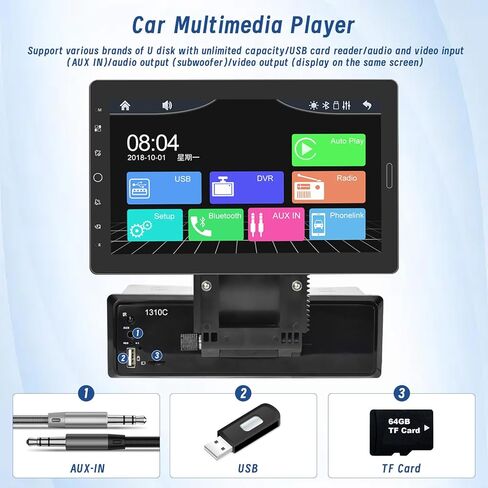 10.1 Inch Carplay Radio Adjustable Single Din Car Stereo with Carplay Android Auto, Detachable 1080P Touch Screen 1 Din Radio Bluetooth/FM/SWC/Mirror Link/Backup Camera/MIC/Support TF Card in Kuwait