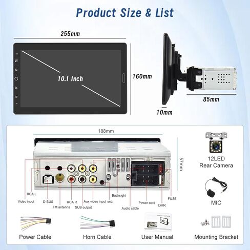 10.1 Inch Carplay Radio Adjustable Single Din Car Stereo with Carplay Android Auto, Detachable 1080P Touch Screen 1 Din Radio Bluetooth/FM/SWC/Mirror Link/Backup Camera/MIC/Support TF Card in Kuwait