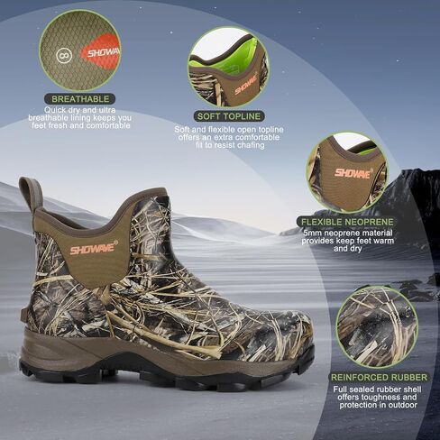 Showave Men's Rain Boots, Rubber Hunting Booties, Waterproof Insulated Mud Boots, Durable Outdoor Garden Boots for Fishing Yard Working in Kuwait