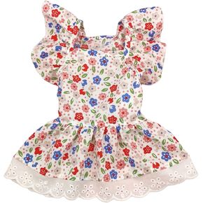 QWINEE Floral Print Dog Dress Ruffle Sleeve Lace Cat Puppy Princess Dresses for Small and Medium Dogs Cats Kitten Red and Blue XS