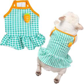 Moorfowl French Bulldog Slip Dress for Pug Corgi Casual Plaid Pleated Skirt with Cute Carrot Doggie Vest Dress Summer Puppy Holiday Outfits, Green White (3XL(Chest 23.62",Clothes Length 14.96"))