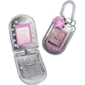 Suillty Retro Mobile Phone Shape Leather Kpop Photo Card Holder Cute Idol Photo Band Credit Card Protective Case Sleeve with Coil Keychain