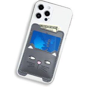 Cell Phone Wallet,Gray Leather Cute Kitty, Secure Card Holder for iPhone, Android & Smartphones,Premium Leather,Adhesive Sleeve Pocket,Minimalist Design