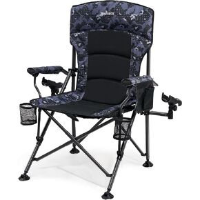 Oversized Camping Chair, Heavy Duty Support 350 LBS Folding Chair, Feet Rotatable Padded Fishing Chair with Rod Holder, Cup Holder, Side Pocket, Hard Armrest for Beach, Fishing,Trip,Picnic,Lawn