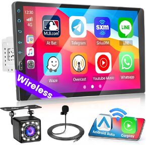 Hikity 9 Inch Single Din Wireless Carplay Radio with Bluetooth, Touchscreen Wireless Android Auto Car Stereo with Mirror Link FM Radio Backup Camera Microphone