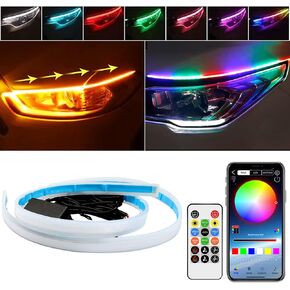 Car Headlight LED Strip, TEKSHINNY 2Pcs 24 Inches RGB Exterior Car LED Strip Light, Flexible Sequential Turn Signal Lights Waterproof Daytime Running Light Strip with Wireless APP Remote Control in Saudi Arabia
