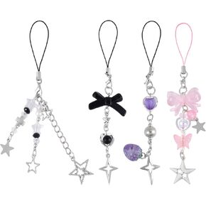 4pcs Aesthetic Phone Charms, Y2K Cell Phone Charms Strap Strawberry Bow Star Cute Phone Case Pendants for Keychain Bag Camera Decor
