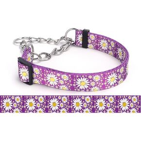 Martingale Dog Collar, Trainer Approved Limited Slip Collar with Daisy Floral Design Stainless Steel Chain Modified Cinch Collar for Gentle & Effective Pet Training (Purple, Large)