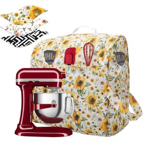 Mixer Dust Cover for Kitchen Aid Tilt Head Artisan 4.5-5 Qt Stand Mixer Quilted Thickened Protective Covers w/ 4×Storage Pocket, Mixer Attachments Organizer Accessories, with Top Handle(Sunflower)