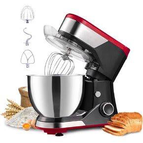 P'RICH Stand Mixer, 5.3-QT 300W 12-Speed Tilt-Head Food Mixer, Kitchen Electric Mixer with Splash Guard, Dough Hook, Wire Whip & Beater,Suitable for Most Family Cook（YM609 White）