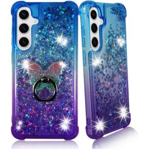 Zase Compatible with Samsung Galaxy S24 FE 5G (Fan Edition) Clear Phone Case Cute Liquid Glitter Floating 3D Butterflies Bling Protective Shockproof Cover w/Phone Ring Holder (Teal Mint Blue)