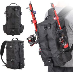 Fishing Backpack, 2 Fishing Rod Holders Fishing Tackle Backpack Without 4 Tackle Boxes, 17.4L Large Storage Fishing Gear Bag for Trout Fishing Outdoor Camping Hiking Black