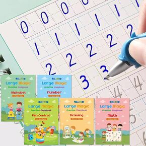 Monking 4Pc كبير كتاب الممارسة السحرية للأطفال، كتاب ممارسة الكتابة اليدوية 4 حزمة مع إعادة ملء القلم الخط الإنجليزي مخطوطة قابلة لإعادة الاستخدام العمر 3-8، 11.4x8.3 بوصة (4pc + 2 قلم) in Kuwait
