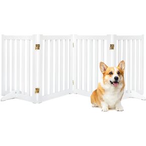 Freestanding Pet Gate, Solid Wood Folding Safety Fence Wooden Dog Gate with 2PCS Support Feet Ideal for Stairs, Doorways, Halls, Kitchens, Indoors Gates, 4 Panels 24", White