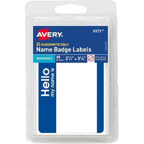 افيري بطاقات اسماء بعبارة Hello My Name is Name Tag، بيضاء مع حواف زرقاء، 25 شارة اسم قابلة للازالة (06175) in Kuwait