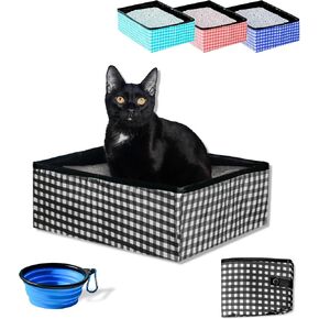 Pet Fit For Life Collapsible Portable Cat Litter Box (16"x12"x5") - Foldable and Packable Travel Litter Box for Cats - Includes Bonus Water Bowl - Black