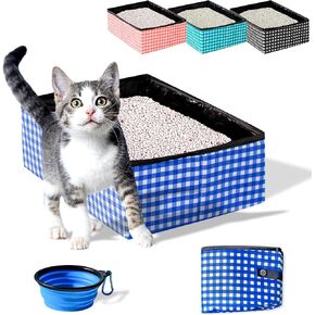 صندوق فضلات القطط المحمول القابل للطي من Pet Fit For Life (16 بوصة × 12 بوصة × 5 بوصة) - صندوق فضلات للسفر قابل للطي والتعبئة للقطط - يتضمن وعاء ماء إضافي - أسود