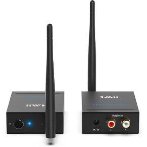 1Mii 3-in-1 2.4GHz Wireless Audio Transmitter and Receiver for TV, 20ms Ultra Low Delay RCA Out/in, 320 ft Range Wireless Adapter for Subwoofer to TV/PC/CD Player, 2 Receivers for Two Speakers