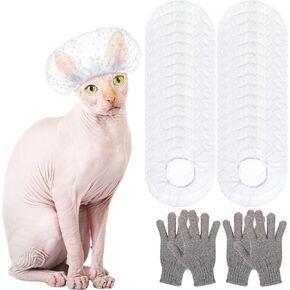 Coume 2 Pairs Cats Carbonized Bamboo Bath Exfoliating Gloves and 100 Pcs Adjustable Shower Caps Set for Sphynx Shower Body Scrub Puppy Kitten Small Pets