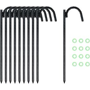ZI NAN 12 Inch 10 Pack Rebar Stakes Heavy Duty J Hook, Ground Stakes Tent Stakes Steel Ground Anchors, Chain Link Fence Stakes, Trampoline Stakes, Garden Stakes
