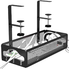No Drill Under Desk Cable Management Tray-No Damage to Desk, Adjustable Desk Wire Management, Metal Under Desk Cord Basket Organizer, Standing Cable Management Box Under Desk Fits Most Table (Black)