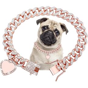 Cuban Dog Chain with Pet ID Tag, Bling Crystal Choke Collar Dog Metal Training Chain Walking Necklace for Small Medium Large Dogs Cats