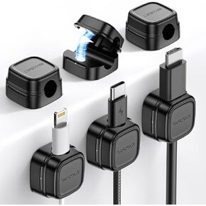 6 Pack Magnetic Cable Clips Organizer Cord Holder, Smooth Adjustable, Under Desk Wire Management USB Phone Charger Cord Keeper for Home Office Phone Desktop Car Wall Nightstand – Black
