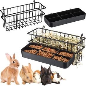 4 Pcs Rabbit Hay Feeders and Food Trays Heavy Duty Metal Frame Hay Rack with Hooks Hanging Pet Grass Feeder for Rabbits Chinchilla Bunny Guinea Pig Ferret Accessories
