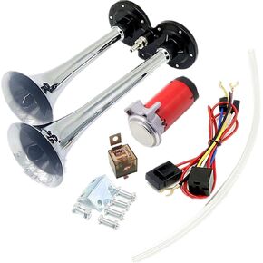 Car Horn Air Horn 12v 150DB Chrome Zinc Dual Trumpet Air Horn with Compressor loud speaker silver Truck Horn for 12V Vehicles Trucks Lorrys Trains Boats Cars ect